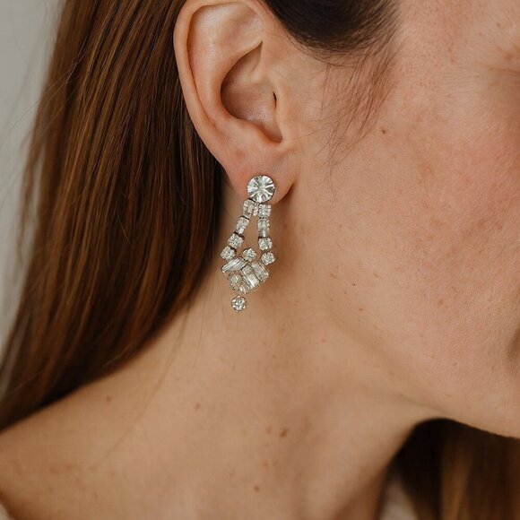 Jewelry - Vintage Rhinestone Screw-Back Earrings – Silver-Tone Chandelier, 1.5”